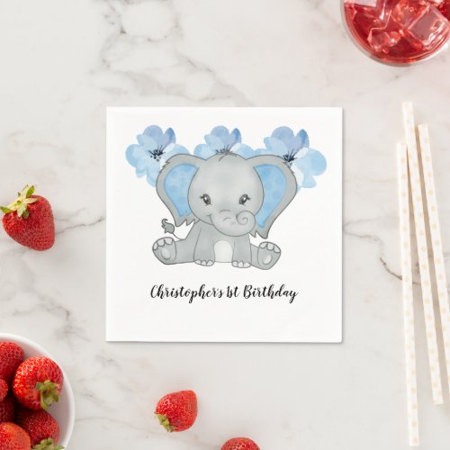 Blue Baby Boy Elephant Flowers Birthday Napkins