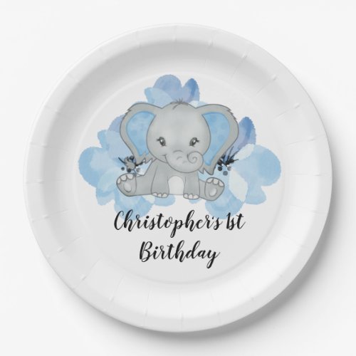 Blue Baby Boy Elephant Flowers Birthday  Paper Plates