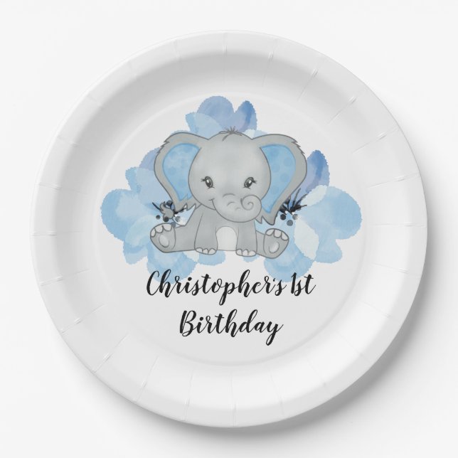 Blue Baby Boy Elephant Flowers Birthday  Paper Plates (Front)