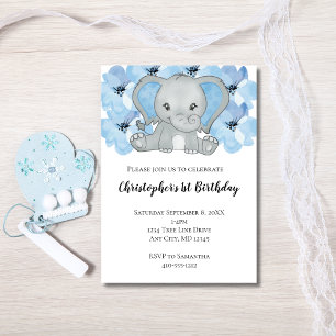 Blue Baby Boy Elephant Flowers First Birthday Invitation