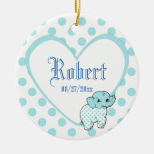 Blue Baby Boy Elephant Heart and Polka Dots Ceramic Ornament