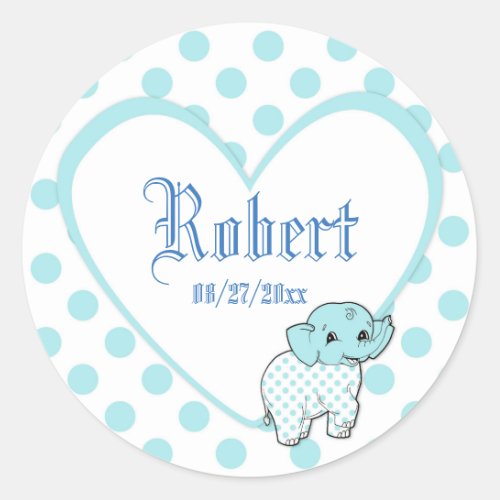 Blue Baby Boy Elephant Heart and Polka Dots Classic Round Sticker
