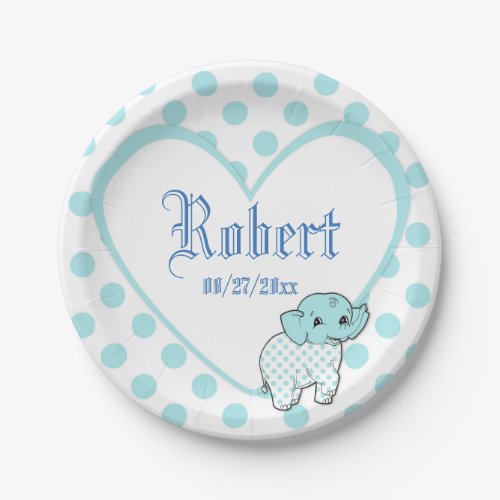 Blue Baby Boy Elephant Heart and Polka Dots Paper Plates