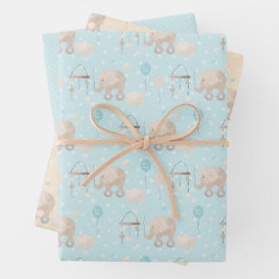 Blue Baby Boy Elephant Wrapping Paper Sheets