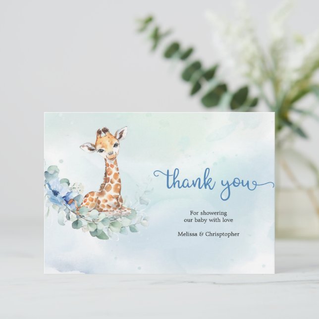 Blue baby boy giraffe eucalyptus wreath Thank You Enclosure Card (Standing Front)