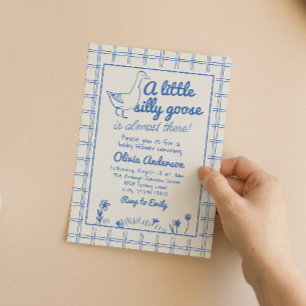 Blue Baby Boy Hand Drawn Silly Goose Baby Shower Invitation