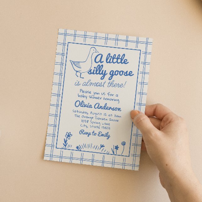 Blue Baby Boy Hand Drawn Silly Goose Baby Shower  Invitation (Creator Uploaded)