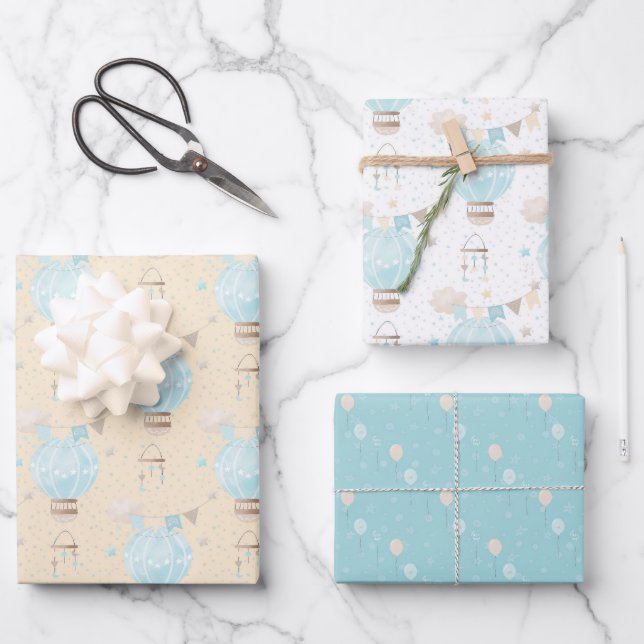Blue Baby Boy Hot Air Balloon  Wrapping Paper Sheets (Front)