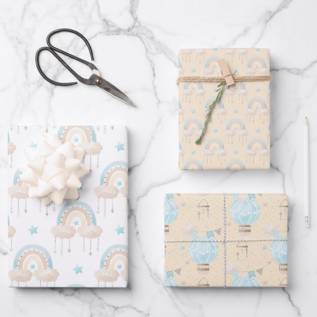 Blue Baby Boy Hot Air Balloons and Rainbow Wrapping Paper Sheets (Front)