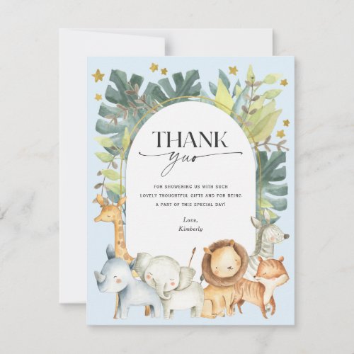 Blue baby boy jungle safari themed baby shower thank you card