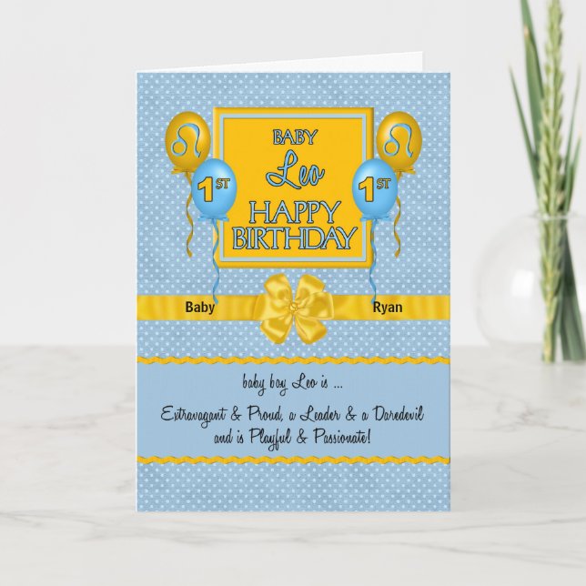 Blue Baby Boy Leo Zodiac 1st Birthday Card (Front)