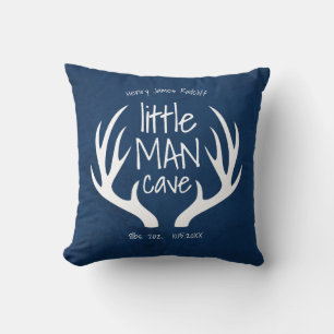 Blue Baby Boy Little Man Cave Announcement Throw Pillow