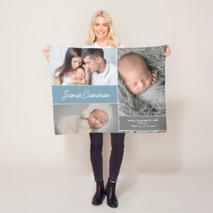 Blue Baby Boy Name Birth date stat custom photos Fleece Blanket