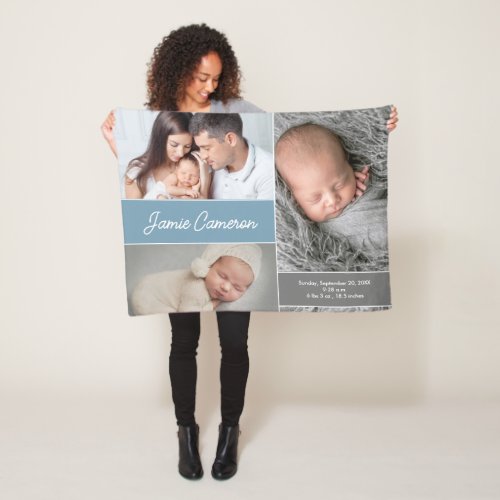 Blue Baby Boy Name Birth date stat custom photos Fleece Blanket