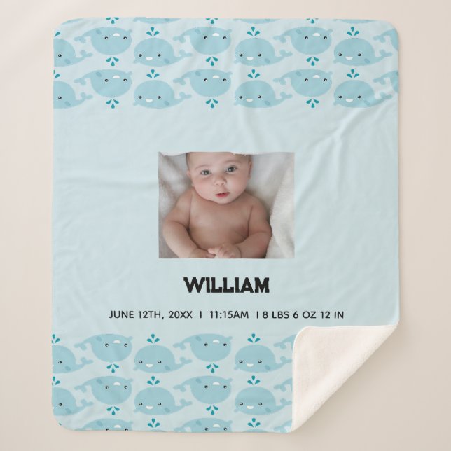Blue Baby Boy Name Birth Date Stats | Photo Baby Sherpa Blanket (Front)