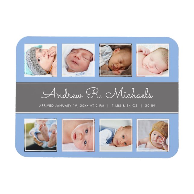 Blue baby boy Newborn Photo Collage Announcement Magnet (Horizontal)