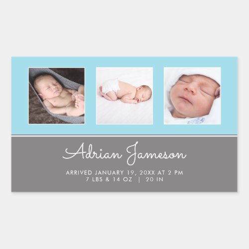 Blue Baby Boy Newborn Photo Collage Announcement Rectangular Sticker