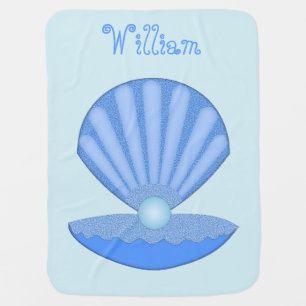 Blue Baby Boy Oyster shell and Pearl Baby Name Blanket