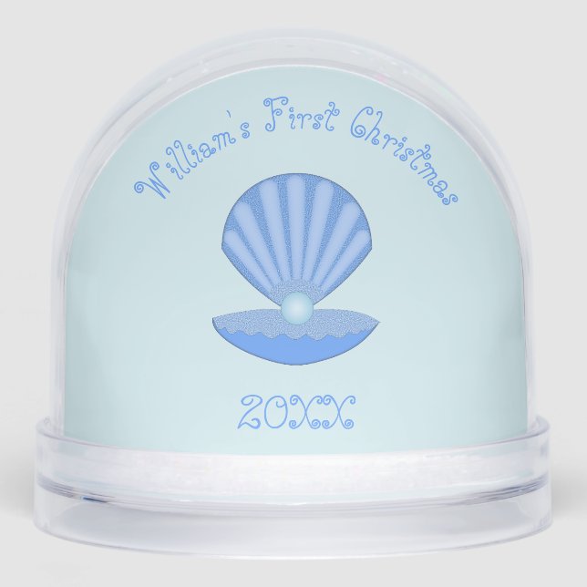 Blue Baby Boy Oyster shell and Pearl Baby Name Snow Globe (Front)