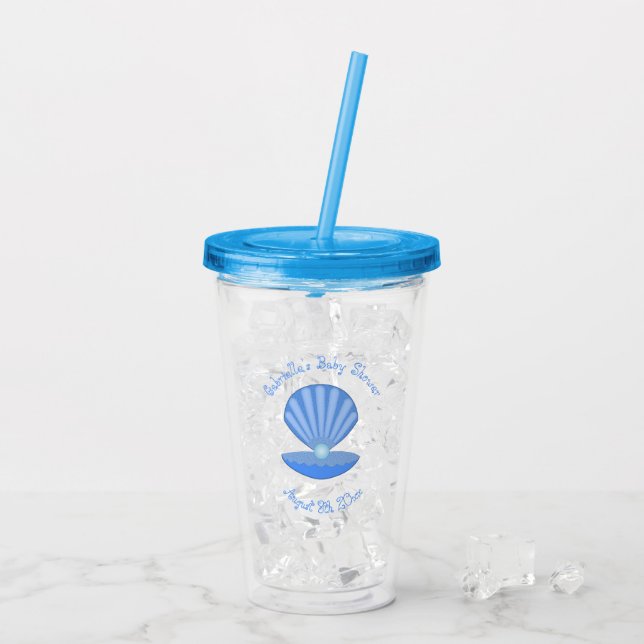 Blue Baby Boy Oyster shell and Pearl Baby Shower Acrylic Tumbler (Back Ice)