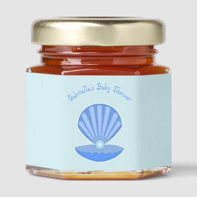 Blue Baby Boy Oyster shell and Pearl Baby Shower Honey Jar Favors (Front)