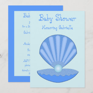 Blue Baby Boy Oyster shell and Pearl Baby Shower Invitation