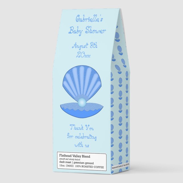 Blue Baby Boy Oyster shell and Pearl Baby Shower Roasted Coffee (Front)
