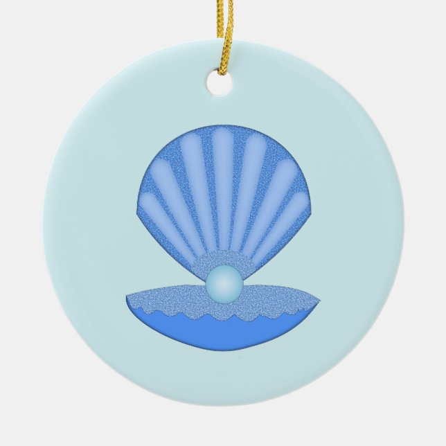 Blue Baby Boy Oyster shell and Pearl Custom Ceramic Ornament (Front)