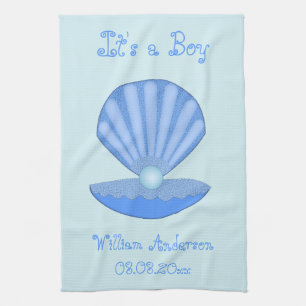 Blue Baby Boy Oyster shell and Pearl Custom Kitchen Towel