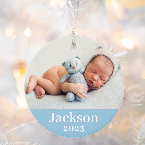 Blue Baby Boy Personalized Name Photo Ornament