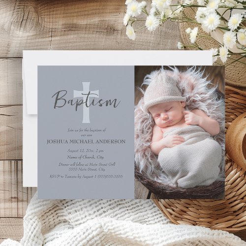 Blue Baby Boy Photo Baptism Cross Invitation