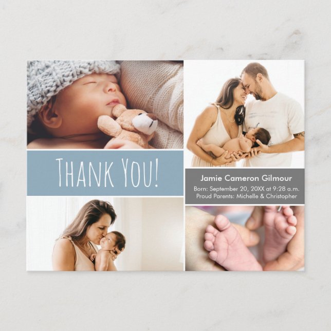 Blue Baby boy Photo Collage baby shower thank you Postcard (Front)