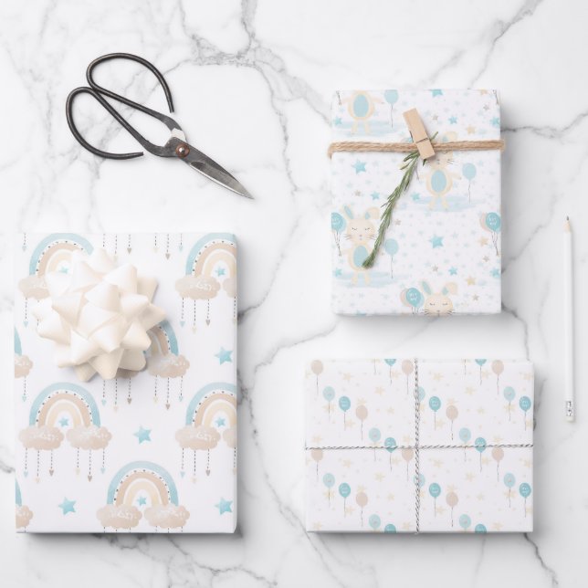 Blue Baby Boy Rainbow and Rabbit Wrapping Paper Sh (Front)