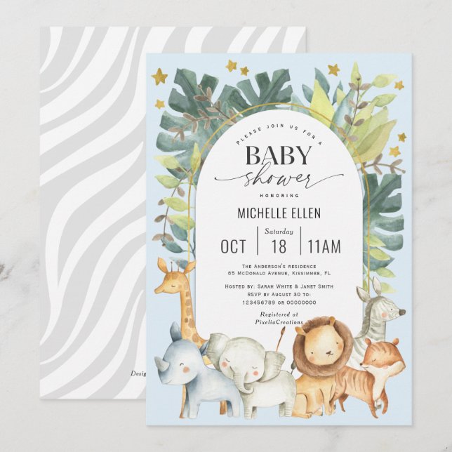 Blue Baby boy shower Jungle animals themed Invitation (Front/Back)
