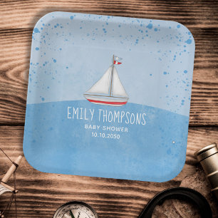 Blue Baby Boy Shower Watercolor Sailboat Paper Plates