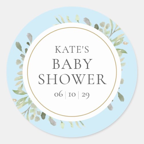 Blue Baby Boy Shower Watercolour Greenery Leaves Classic Round Sticker