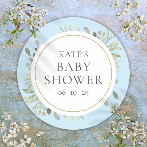 Blue Baby Boy Shower Watercolour Greenery Leaves Classic Round Sticker