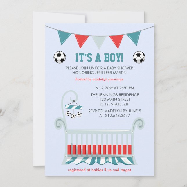 Blue Baby Boy Soccer Baby Shower Invitation (Front)