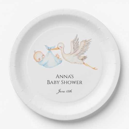 Blue Baby Boy Stork Baby Shower  Paper Plates