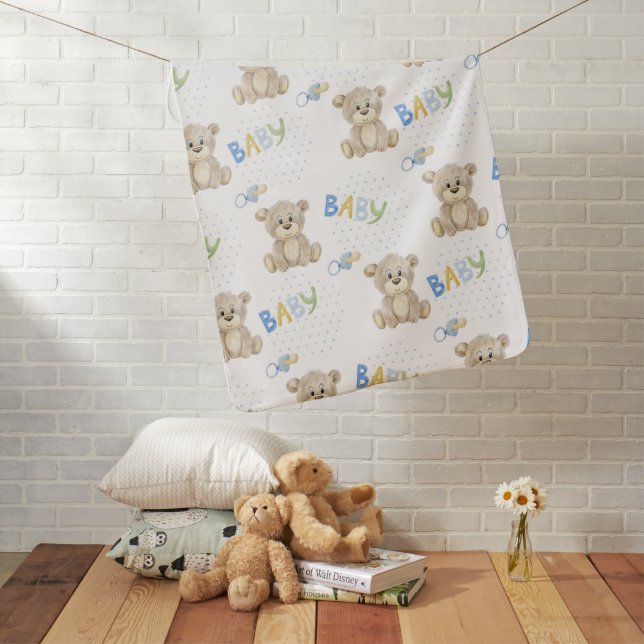 Blue Baby Boy Teddy Bear Watercolor Baby Blanket (In Situ)