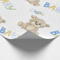 Blue Baby Boy Teddy Bear Watercolor Baby Shower Wrapping Paper, Zazzle