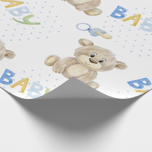 Blue Baby Boy Teddy Bear Watercolor Baby Shower  Wrapping Paper