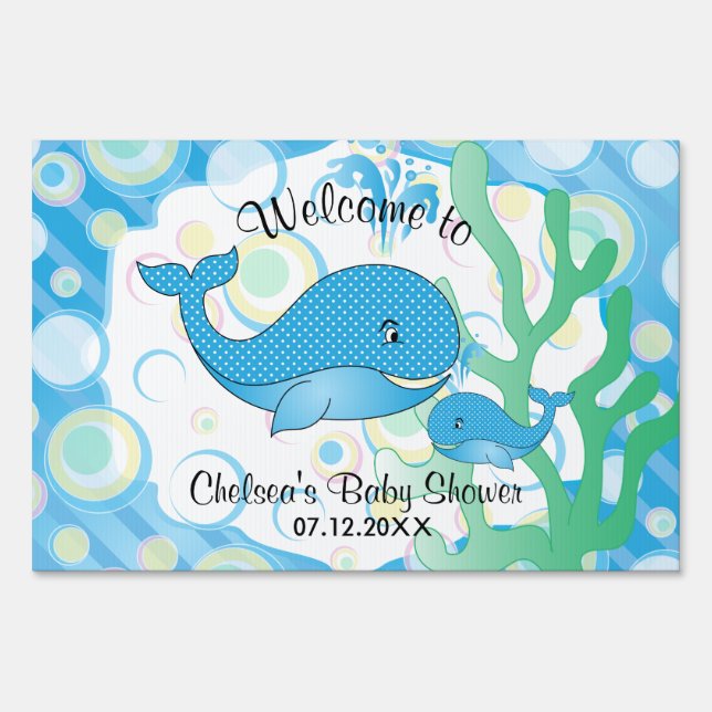 Blue Baby Boy Whale Baby Shower Yard Sign (Front)