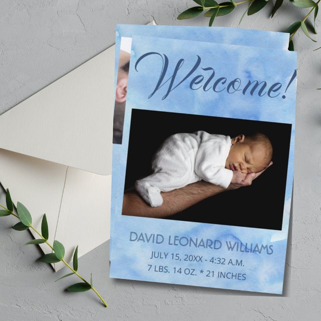 Blue Baby Boy's Photo Birth Announcement  (Modern Blue Baby Announcement Photo Card)