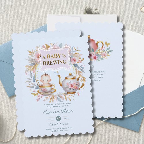 Blue Baby Brewing Tea Party Shower Floral Brunch Invitation