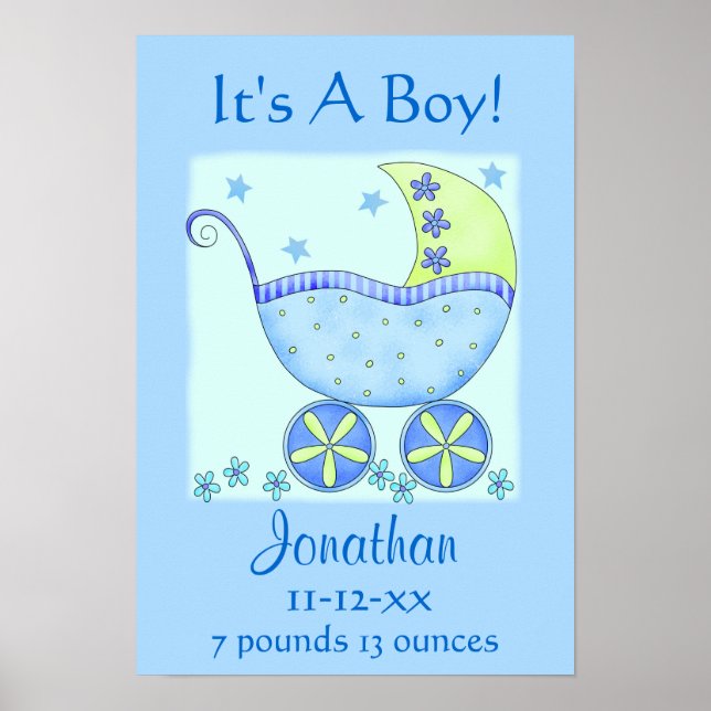 Blue Baby Buggy Boy Name Birth Announcement Art Poster (Front)