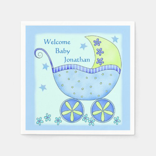 Blue Baby Buggy Boy Welcome Party Shower Napkins