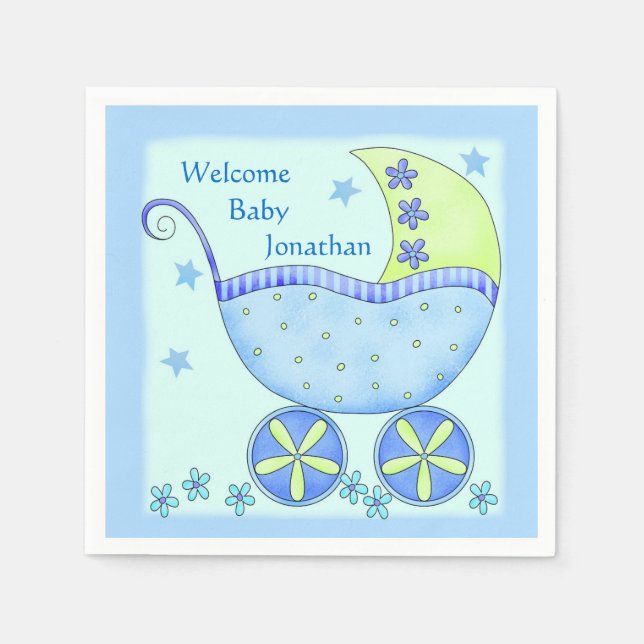 Blue Baby Buggy Boy Welcome Party Shower Napkins (Front)