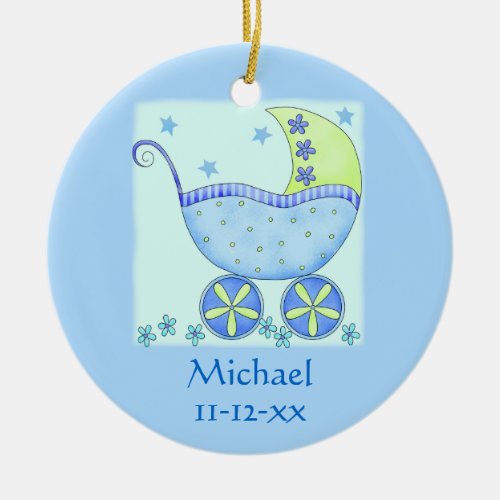 Blue Baby Buggy Carriage Name Birth Date Custom Ceramic Ornament