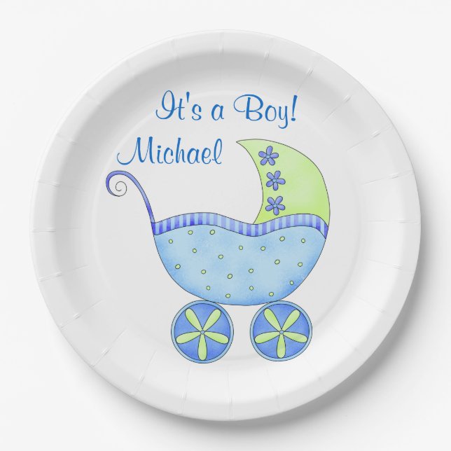 Blue Baby Buggy Its a Boy Name Personalized Paper Plates (Front)